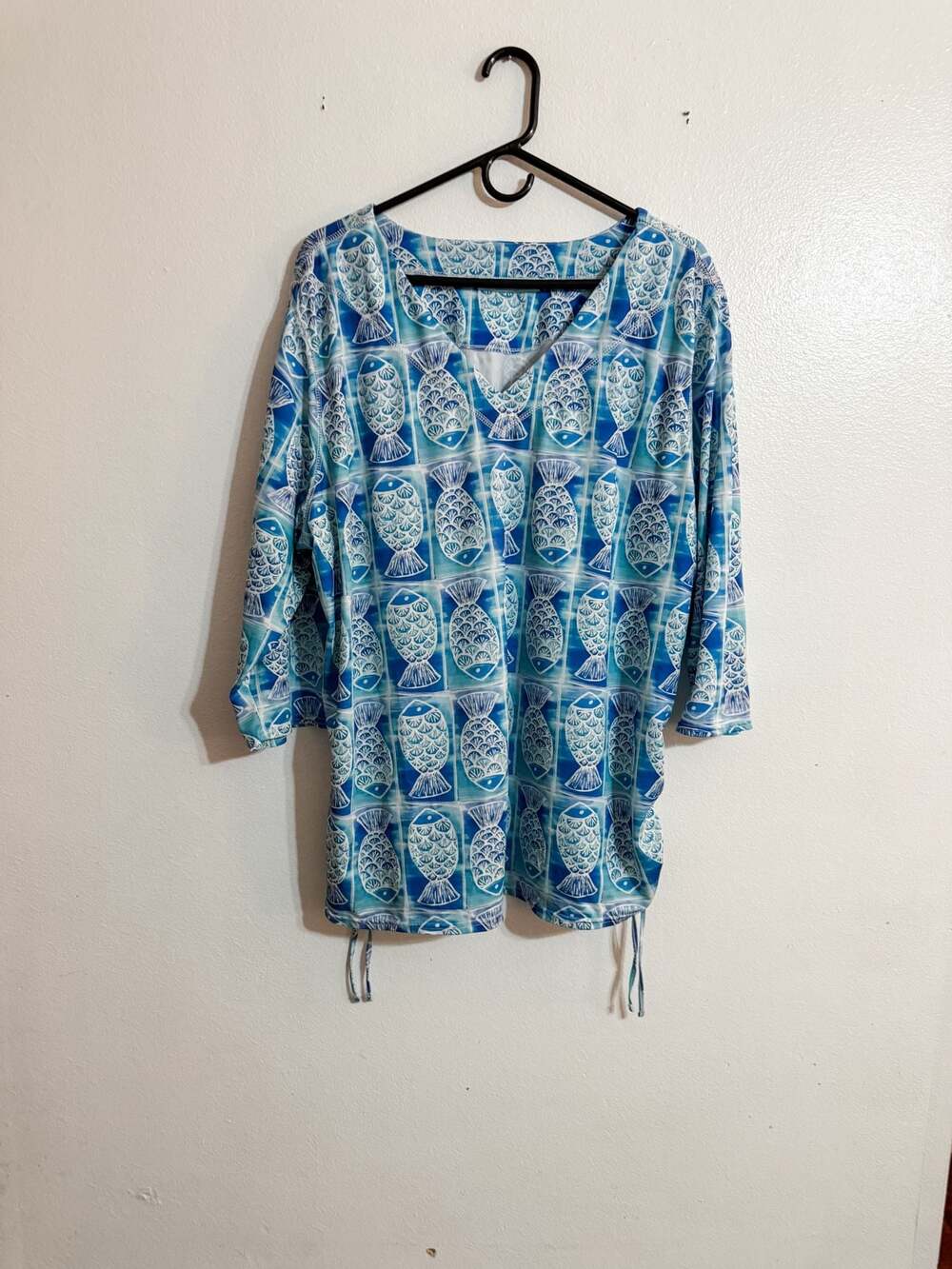Anthony's Resort Wear Blue Fish Print V-Neck Tunic with Side Drawstrings